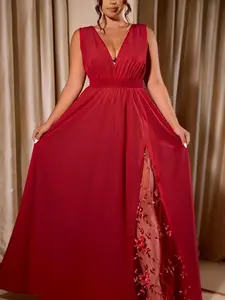 Plus Size Women's Sleeveless Solid Color Lace Patchwork Backless Dress, Casual Summer Fashion, Comfortable, Stylish and Elegance