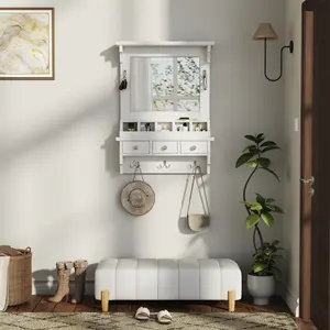 Floating Makeup Vanity with Big Mirror, Wall-Mounted Storage Vanity with Drawers, Pockets & Hooks, Space-Saving Decorative Home Organizer for Small Space, White