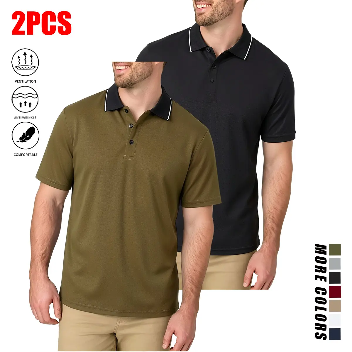 Men's 2-Pack Slim-Fit Polo Shirts - Menswear Short-Sleeve, Breathable Piqué Mesh Polyester, Contrast Collar, Quick-Dry, Tropical Beige, for Business Office & Everyday Casual Wear, Shortsleeve