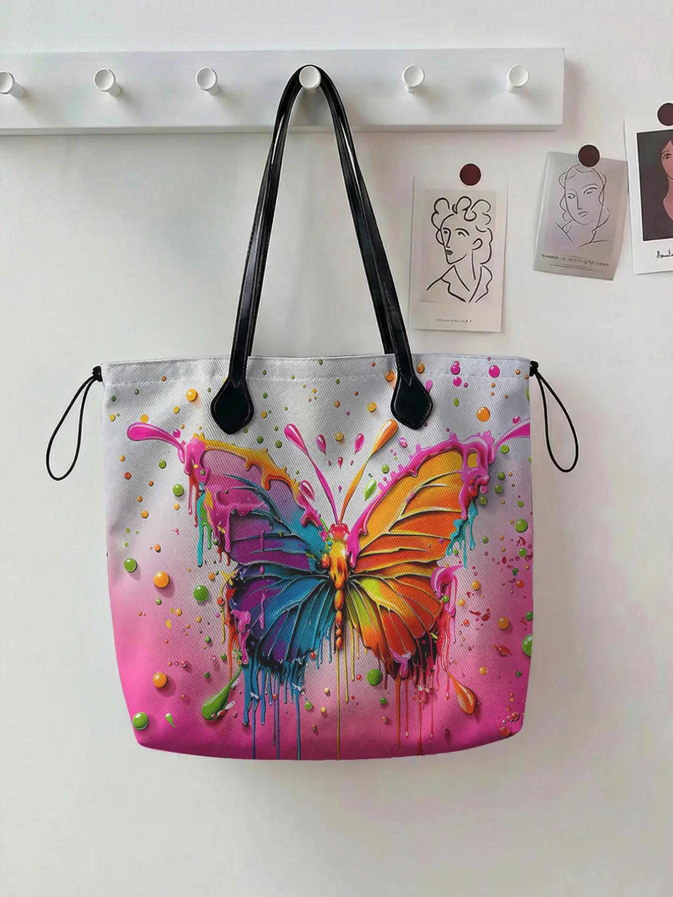 Butterfly Pattern 2D Printed Drawstring Tote Bag, Large Capacity Shopping Bag, Durable and Wear-Resistant, Casual Style for All Seasons