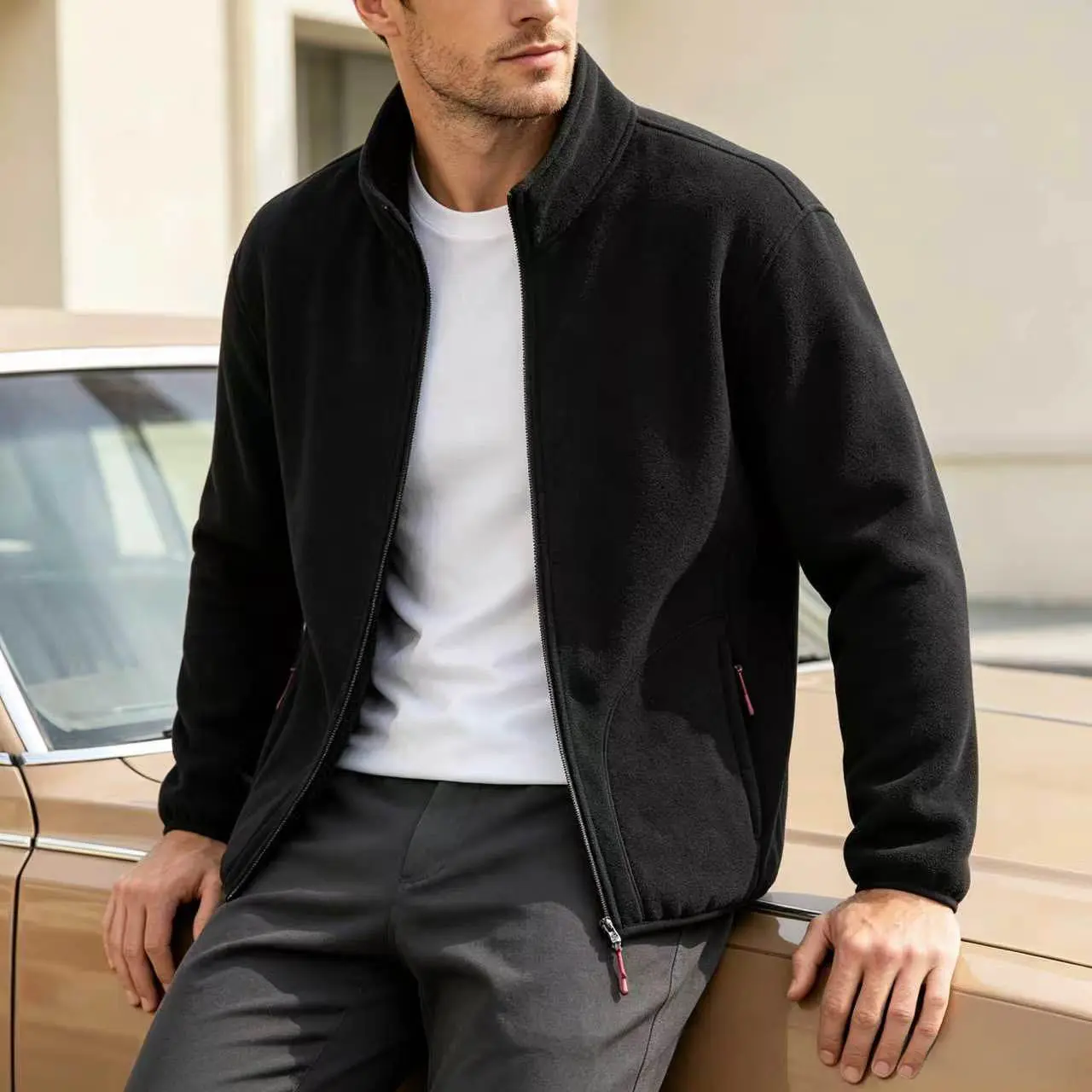Men’s autumn/winter new sports jacket, casual outdoor running jacket, stylish zip-up cardigan, minimalist solid-color basic design with pockets