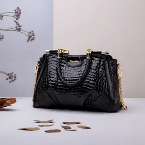 Luxury Black Croc-Embossed Satchel - Structured Top Handle Handbag with Gold Lock & Chain Detail Leather Large Bag