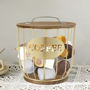 Gold Coffee Pod Holder Vintage Coffee Capsule Basket with Wooden Base, Reusable Coffee Capsule Storage, Espresso Capsules Container