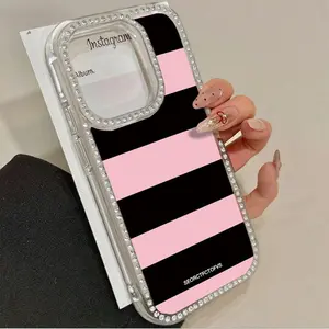 Pink And Black Striped Letters Pattern Double-Sided Diamond Transparent Mobile Phone Case Thin Light TPE Material For iPhone 17 Pro Max Plus Air/16/15/14/13/12/11  Christmas Valentine's Day Gifts