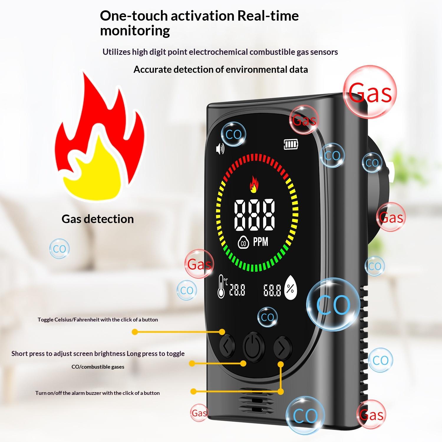 Smart Home Guardian Air & Temp Monitor 6-in-1 Portable Detector with Natural Gas Detection Temperature Humidity Sensors High-Definition Display Accurate Alerts