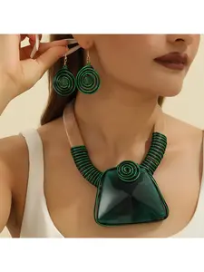 Fashionable and bold, handcrafted, acrylic wide pendant necklace and earring set