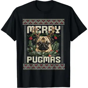 Funny Pug Merry Pugmas Ugly Christmas for Lovers T-Shirt, 100% Cotton, Single Side Printed, Black Short Sleeve T-shirt, 1 pc, Christmas Halloween Thanksgiving Gift