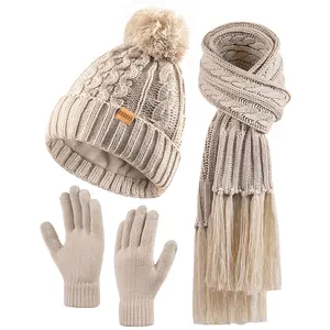 3PC Women’s Winter Knit Hat Scarf and Gloves Set Fleece Lined Beanie with Touchscreen Gloves and Long Warm Scarf