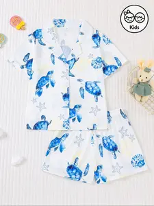 Cute Turtle & Starfish Print Kids Pajama Set, Fire-Resistant Fabric, Short Sleeve Button-Up Top & Elastic Shorts, All Seasons Wear