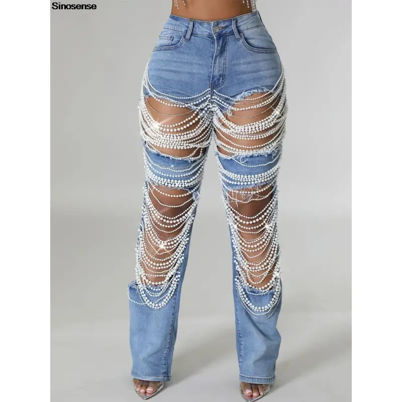 Women's Destroyed Ripped Hole Denim Pants Pearl Rhinestones Chain Distressed Slim Fit Skinny Jeans Y2K Night Club Party