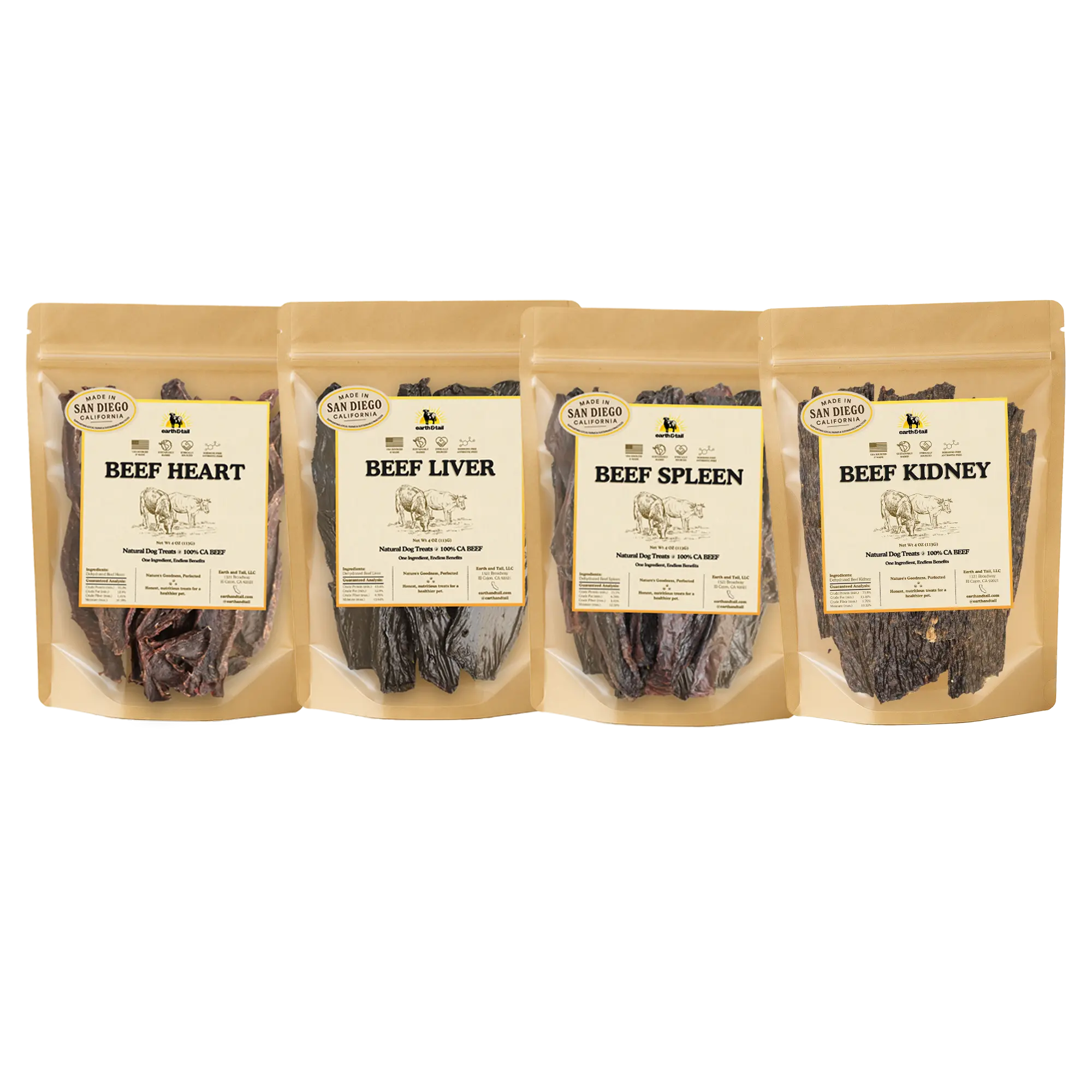 Beef Organ Dog Treat Bundle - 4 oz Bags, Four Powerful Beef Organs: Heart, Kidney, Liver & Spleen - Air-Dried, High-Protein, Vitamins & Minerals - USA Sourced, Fresh Batches - Ideal for Rotation Feeding