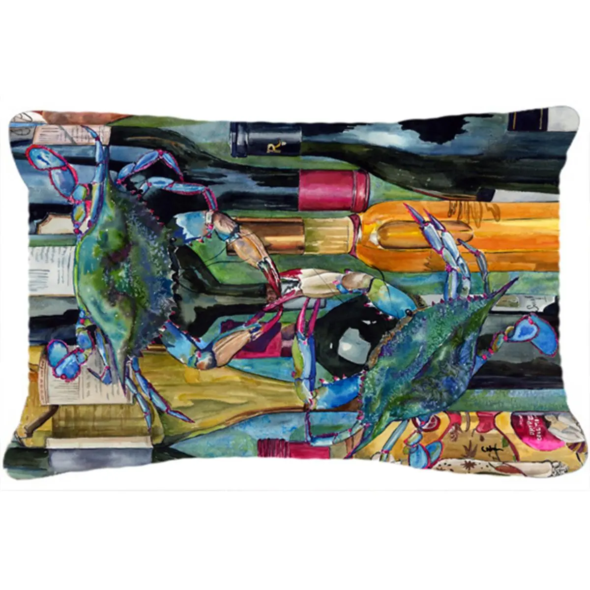 Carolines Treasures 12x16 In. Blue Crabby Wine Bottles Decorative Pillow - 100% Polyester Fabric, Multi-Resistant (Fade, Stain, Mildew), Machine-Washable, Indoor-Outdoor Use, Mildew Resistant