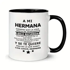 1pc 11oz Insulated Ceramic Travel Mug with "A Mi Hermana" Spanish Sister Quote - Reusable Coffee Cup for Hot & Cold Drinks, Dishwasher Safe, Durable Gift for Sister, All Seasons Use, Coffee Travel Mug, Playful Text Design
