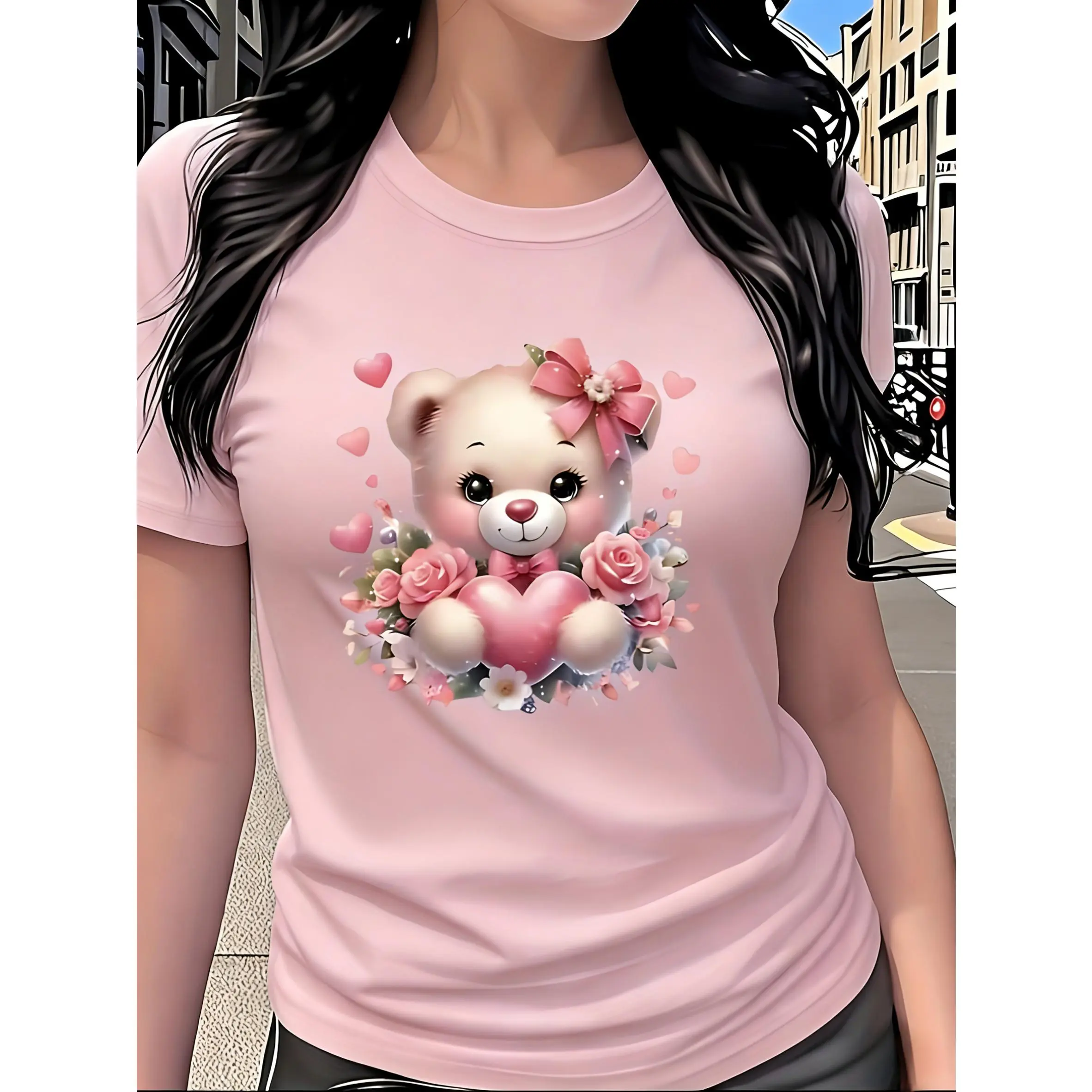 Women's Oversized Cotton Tshirt, Smooth Graphic Top with Asymmetrical Bear Rose Print for All Seasons, Basic, Shortsleeve, Tee, Printed, Christmas, Classic, Short Sleeve, Casual, Oversized Fit, Do Not Bleach, Machine Wash, L（160 - 180 Lbs）, Fabric