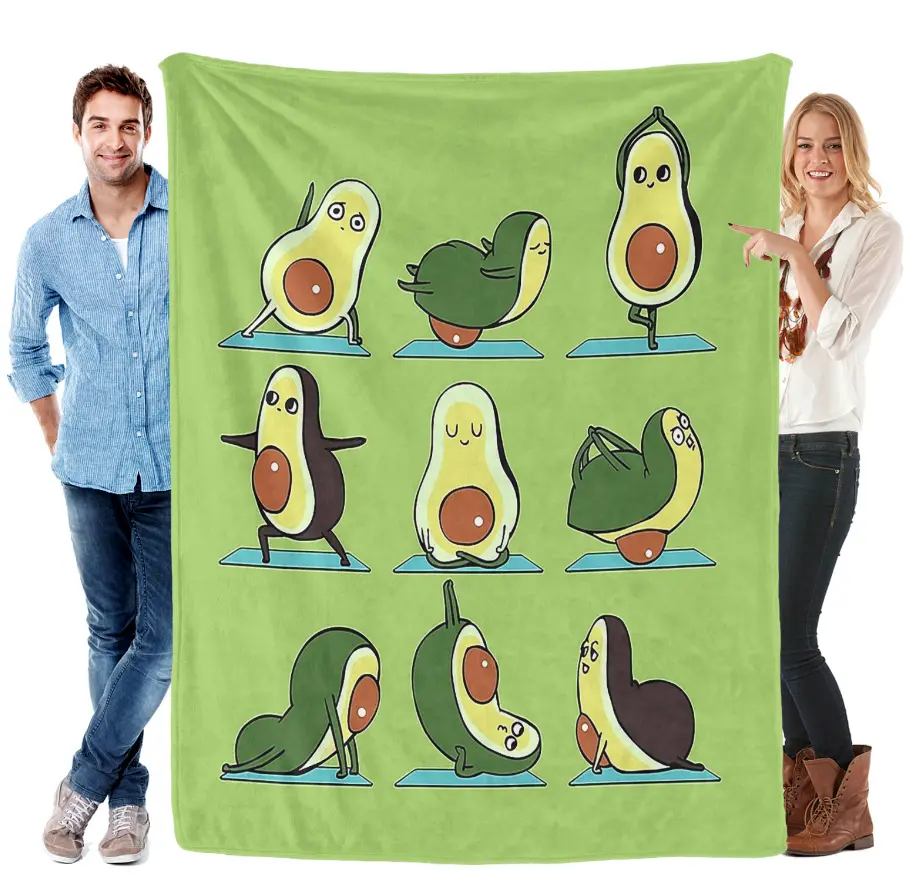 Cute Cartoon Avocado Yoga Poses Throw Blanket | Bright Green Funny Fruit Decor for Yoga Studios & Cozy Bedrooms | Whimsical Humorous Gift for Yoga Lovers & Plant Based Lifestyle Fans