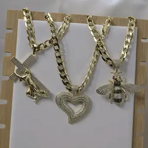 Gold Cuban Link Chains with Heart & Bee Charms - High-Quality Laminated Jewelry Set
