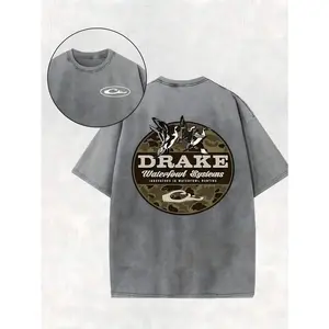 Men's Gray Washed Cotton T-Shirt, 100% Pure Cotton Fabric, Vintage Distressed Duck Camouflage Letter Print Shirt, Suitable For Both Men And Women, Perfect For Parties, Spring And Summer Outdoor Activities,Great Gift For Friends