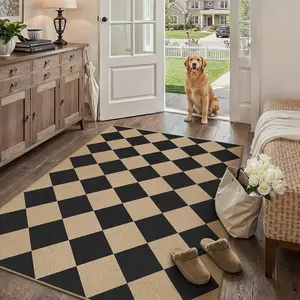4x6 Checkered Easy Jute Area Rug, Washable Non Slip Checkerboard Geometric Black Carpet Indoor Outdoor for Living Room Farmhouse Patio Office Dorm Backyard Dining Room