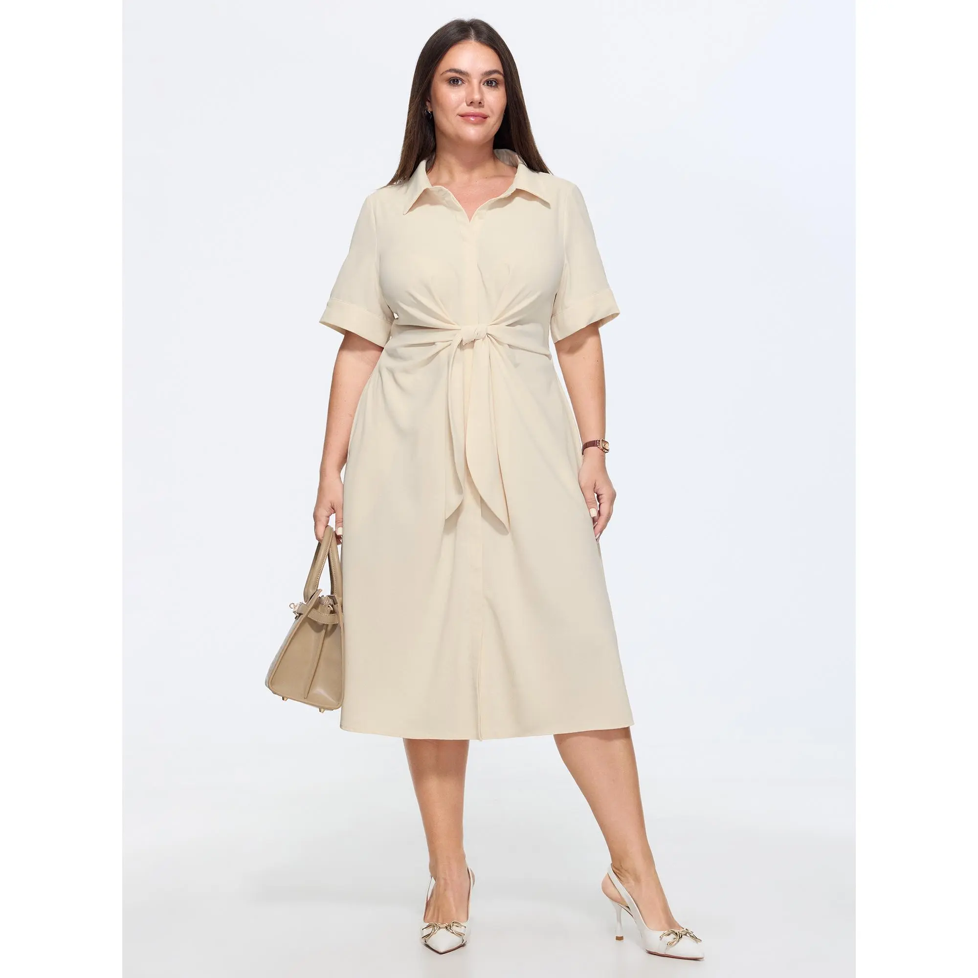 BloomChic Women's Plus Size Tie-Front Midi Shirt Dress, Casual Collared Short Sleeve Office Dress with Side Pockets, Solid Low Iron Polyester, Shortsleeve, Fabric, Midi Length, Collared Neck, Fit, Casual Dresses