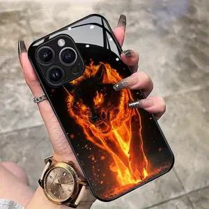 Flaming Wolf Tempered Glass Case for Iphone Models iphone17 17Air 16 Pro 15 Promax 14 Plus 13 12 11, Featuring a Straight Edge And Shockproof Drop Protection