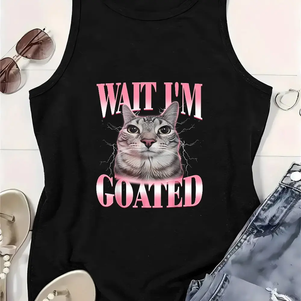 Women's Classic Crew Neck Casual Fit "Wait I'm Goated" Meme Cat Graphic Tank Top, Gradient Print Sleeveless Clothes summerwins,summerwins