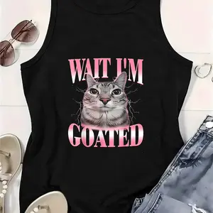 Women's Casual Fit "Wait I'm Goated" Meme Cat Graphic Tank Top, Gradient Print Sleeveless Women's Top,summervibes