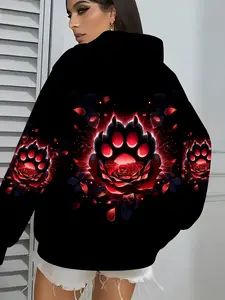 Gothic Rose Bear Claw Print Hooded Design Drawstring Sweatshirt for Women, Womenswear Casual Everyday Fitted Long Sleeve Top for Fall & Winter