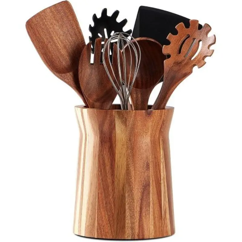 Natural Acacia Wood Kitchen Utensil Holder - 360° Rotating Oval Countertop Organizer, 7.2" H x 5.9" W Large Storage Crock, Sturdy Durable, Smooth Wipe Surface, Easy Access to All Items, Keeps Kitchen Tidy and Clean, Farmhouse Decor Kitchenware