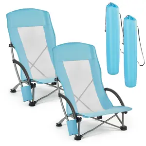 Folding Beach Chair, High Back Camping Chair For Adults, With Cup Holder, Mesh Back, Carry Bag, Portable Extra Wide Seat, 330 lbs Heavy Duty Support, For Outdoor, Camping, Beach, Light Blue, 2 Pack