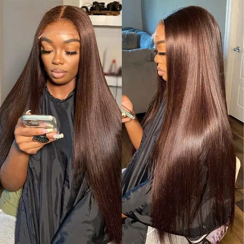 YESWIGS 12"-36" Available Chocolate Brown Straight 13X6 HD Transparent Lace Front Wigs Human Hair Chocolate Brown Straight Lace Front Wigs Human Hair 13x6 180% Density  HD Transparent Glueless Lace Frontal Wigs Pre Plucked with Baby Hair