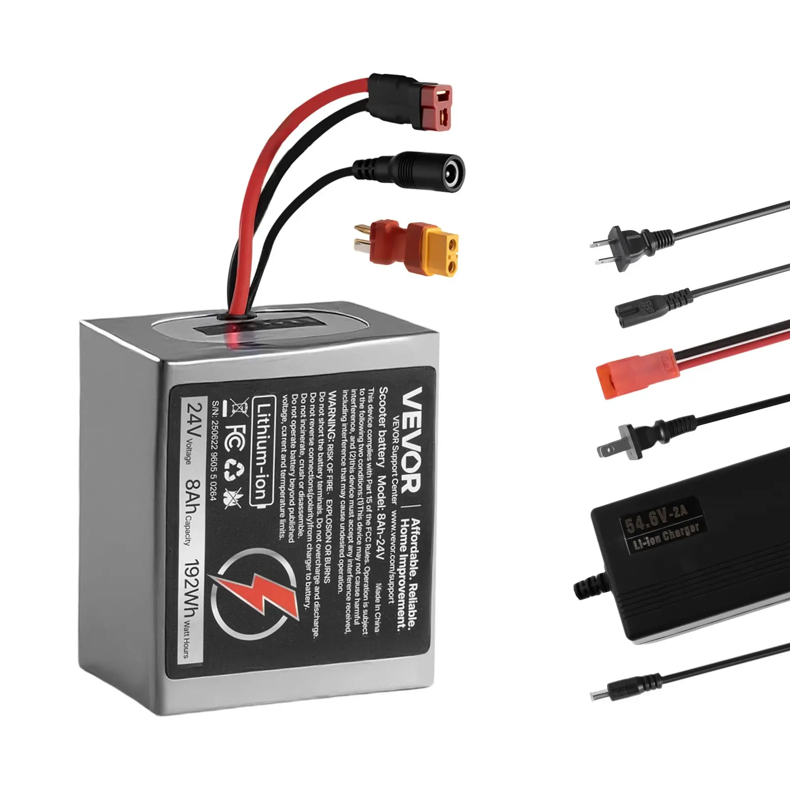 VEVOR 24V Electric Scooter Battery, 8Ah, Ebike Lithium Battery Pack with 30A BMS, Charger, T-Plug Expansion Cable, 500+ Cycles, Compatible with 1920W Motors, for Electric Bikes Bicycles, Scooters