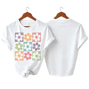 Women's Retro Boho Floral Checkerboard Graphic T-Shirt Oversized Casual Short Sleeve Crew Neck Tee for Summer Streetwear
