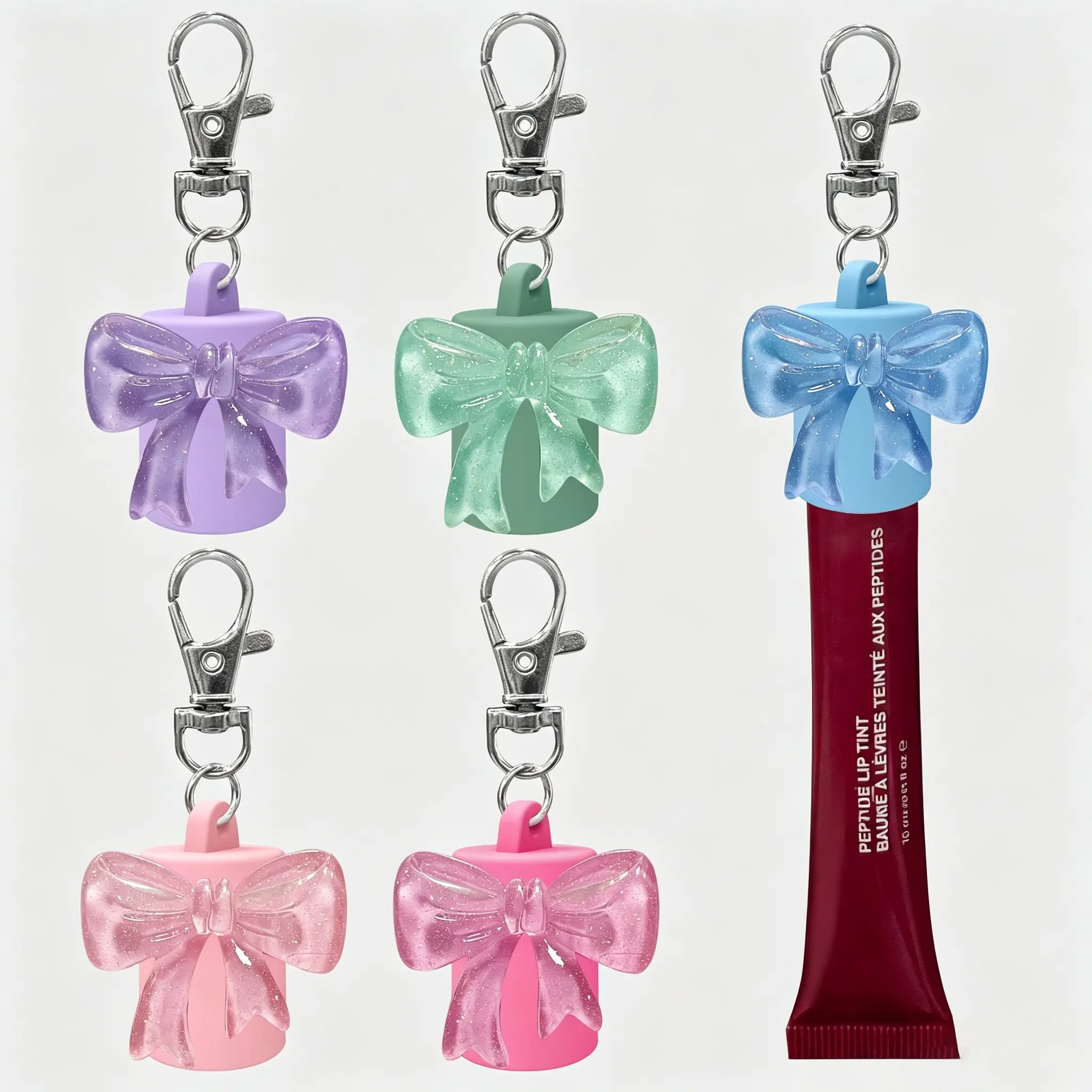 5-Piece Bow Lip Gloss Holder Keychain Cover, Cute Silicone Lipstick Case with Key Ring, Fits Glossgrl Lip Gloss Tube, Portable Makeup Protector for Women