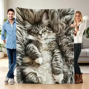 「Sleeping Cat Print Throw Blanket - Ultra-Realistic Fluffy Tabby Cat Design, Soft Plush Flannel, Cozy Cat Lover Decor, Cute Kitten Themed Blanket」