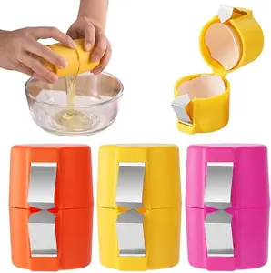 3-piece egg shell opener set for raw or hard-boiled eggs, perfect for cooking, baking, and camping. Stainless steel in orange, pink, and yellow.