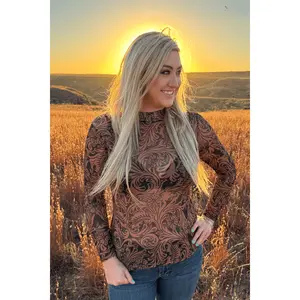Sterling Kreek Women's Long-Sleeve Casual Blouse - Polyester-Spandex Infused, Tooled Print Leather Motif, Mesh Look Shirt for Everyday Style