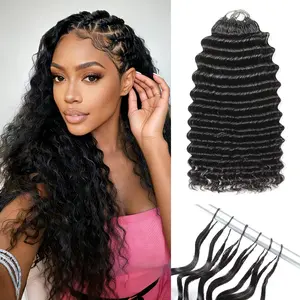 Bling Hair Deep Wave Crochet Human Hair 20 Inch Knotless Pre-Separated Burmese Curly Feather Human Hair Crochet Bundles 3C4A Lightweight Reusable Remy Hair Extensions for Women Natural Black Color