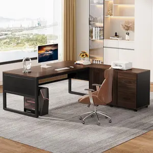 LITTLE TREE 63-Inch L-Shaped Desk, Modern Executive Desk with Mobile File Cabinet, Large Office Desk with Door Storage Cabinet and Drawer, Business Furniture for Home Office