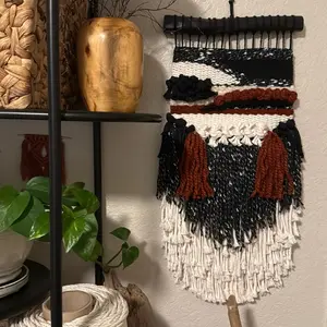 Fluffy Fleece Macrame Modern Loom Woven Wallhanging - Handmade Textured Decor Piece - Boho, Wood  Hangable Decoration 12” x 25” striking color combination of a deep, red, rust, black and natural combined with a variegated, black and tan