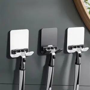 Three-piece no-punch paste razor rack with towel hook - wall-mounted bathroom storage set without drilling, suitable for tile, mirror, door panel installation-free design, plastic razor rack with towel hook, specially designed for bathroom storage