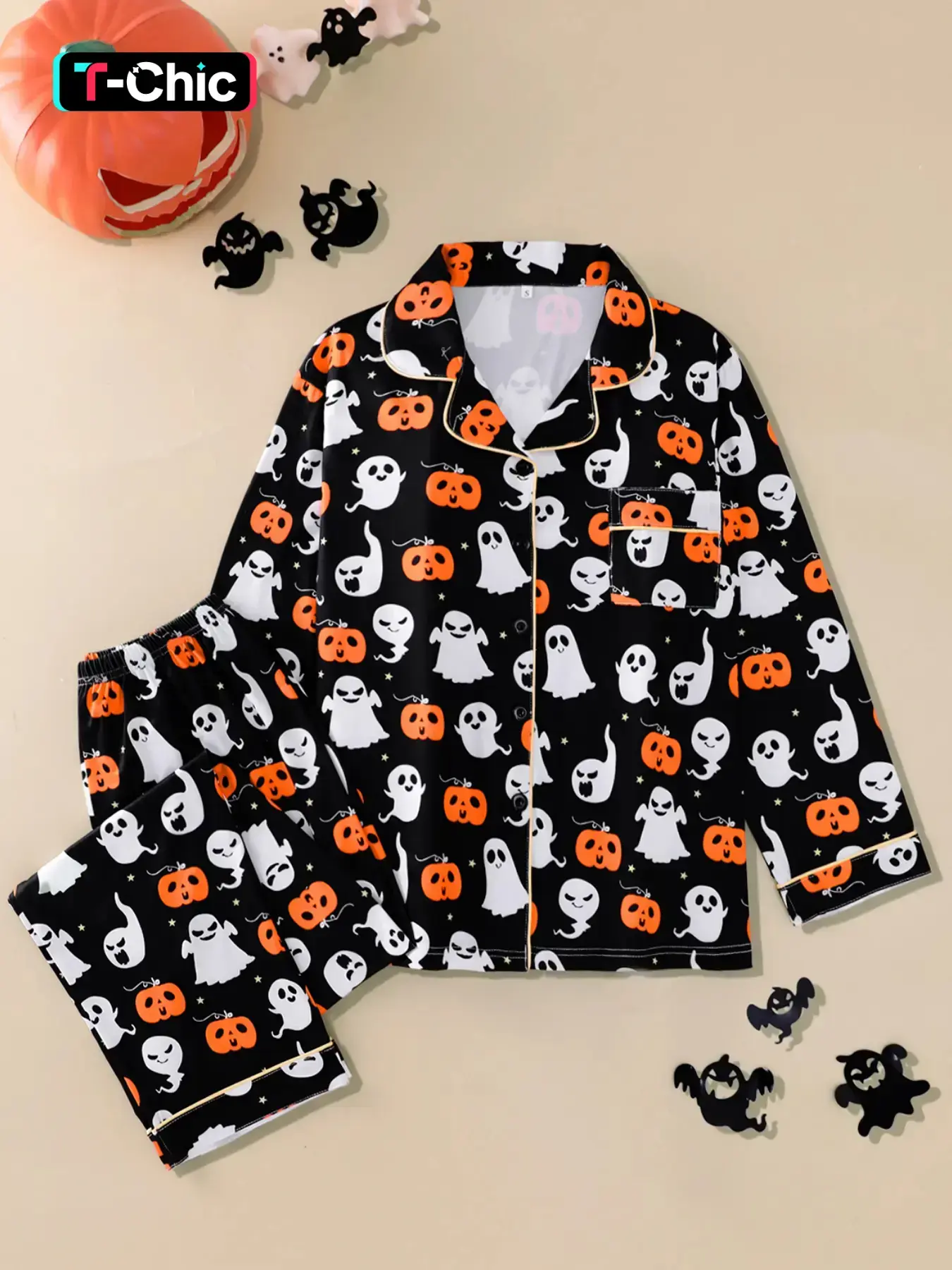 2-piece Halloween Pumpkin Head Spider Web Cross Long Sleeve Pants Soft and Comfortable Top Small Pocket Button Closed Elastic Waist Suitable for All Seasons Leisure Home Pajama Set Loungewear Sleepwear Regular Wear