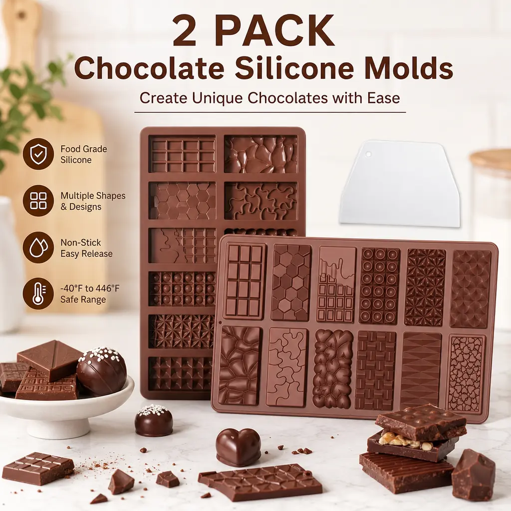 Flexible Food Grade Silicone Dessert Molds Set - 2-Pack 12-Cavity Pistachio&Heart Shaped, 1 Scraper, Non-Stick Reusable Kitchen Bakeware for Chocolate Making, Valentine's Day