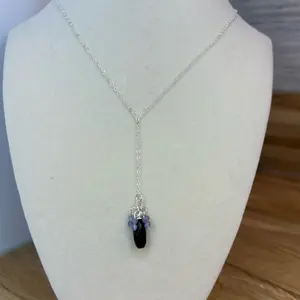 925 Sterling Silver Lariat Necklace With a AAA Black Onyx and AAA Tanzanite Cluster Gemstones Dangle