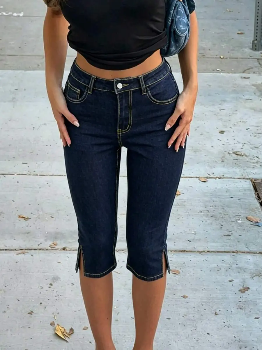 JEANDY Retro Stretch Split Hem 3/4 Tight Denim Jeans Slim Fit Tapered Leg Denim Shorts Suitable For Summer Spring Casual Outings And Dates