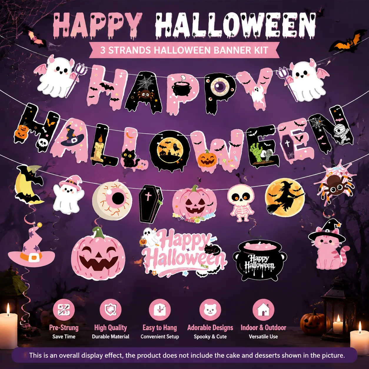 Cute Halloween Decoration Set  Ghost Pumpkin Banner, Bat Garland & Spooky Hanging Party Decor