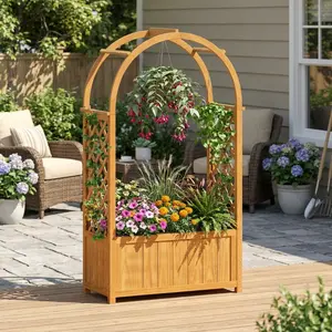 Spaco Wooden Raised Garden Bed with Lattice Trellis & Arched Roof – Orange Planter Box for Climbing Plants, Vegetables & Flowers