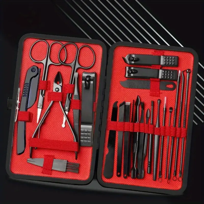 Professional 24 Pcs Nail Clippers Kit - Travel Size Gift Pack for Father, Stainless Steel Nail and Toenail Tools for Clean Cuts, Lightweight Sturdy Red-Black Beauty Grooming Manicure Pedicure Tool Set