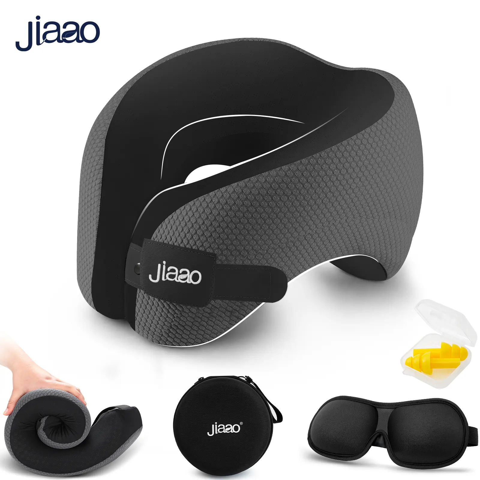 JIAAO Lightweight Ergonomic Travel Pillow for Airplane, Deep Sleep Neck Pillow with 3D Eye Mask & Earplugs, Compact Comfy Travel Pillow for Long Flights