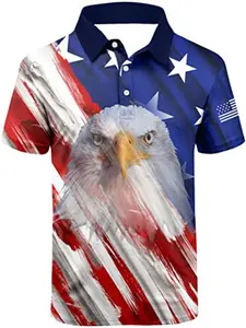 Men's American Flag Polo Shirt Short Sleeve Performance Patriotic Golf Shirt, Sporty Loose-Fitting Knitwear, All over Print, China, Active Top