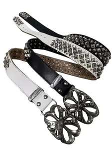 Vintage Punk PU Leather Belt, Heavy-Duty Carved Buckle, Studded Design, Unisex Willow Nail Hook Accents for Bold Waistwear Statement Piece, Belts